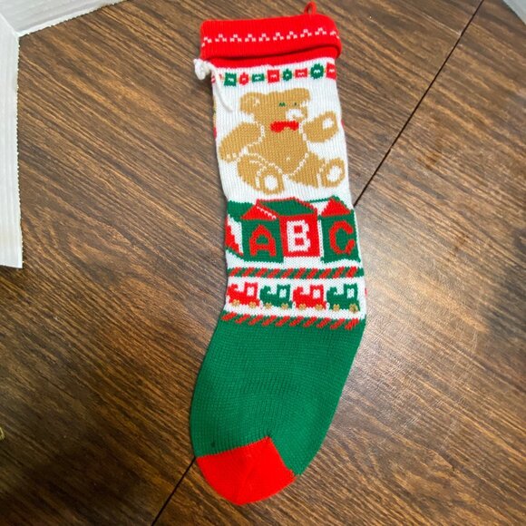 Vtg Knit Christmas Stocking Teddy Bear & ABC Blocks Design 17"x5" Holiday - Picture 4 of 6